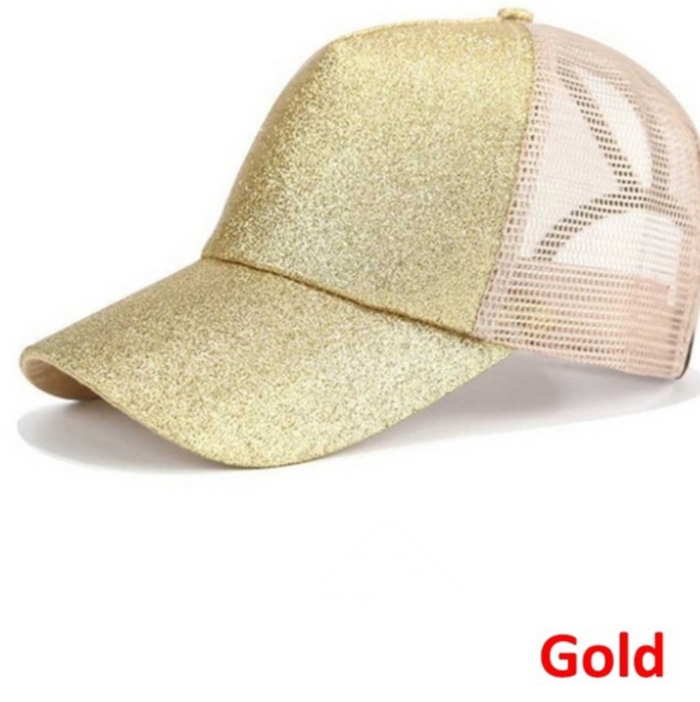 Gold glitter & tan mesh ponytail baseball cap